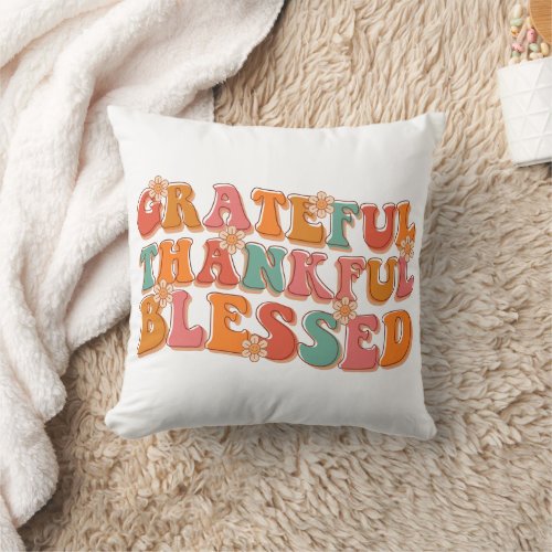 Retro Grateful Thankful Blessed Thanksgiving Throw Pillow