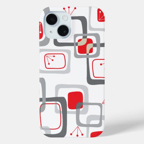 Retro Gray And Red Cherry Squares Cute Mod Pattern iPhone 15 Case