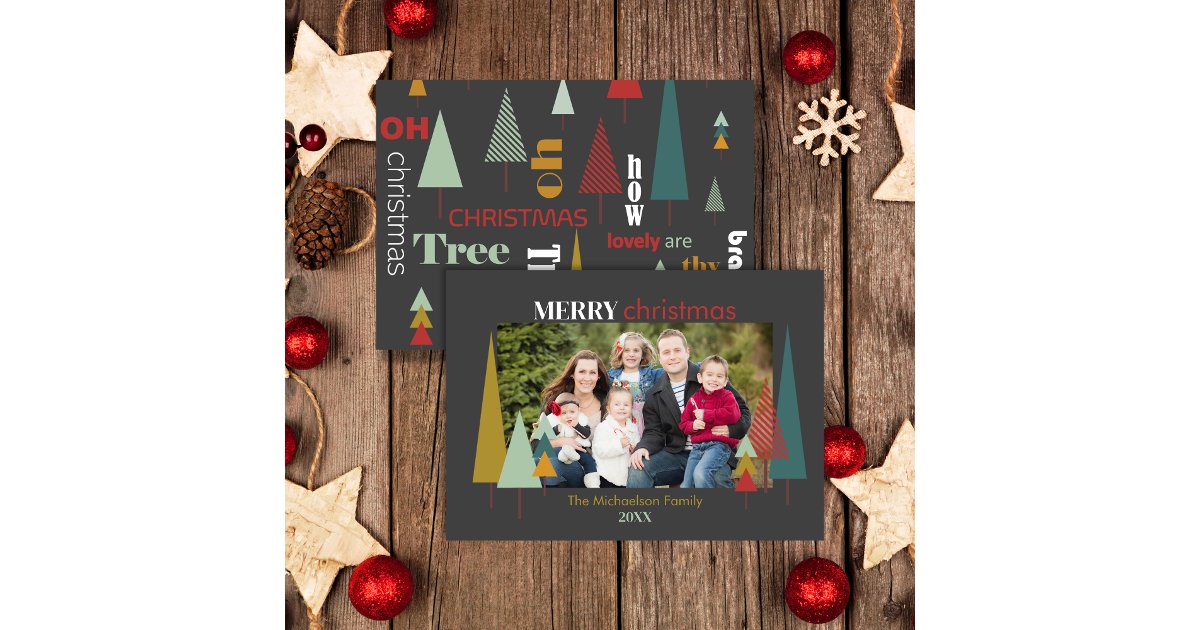 Retro Gray Colorful Oh Christmas Tree Photocard Invitation | Zazzle