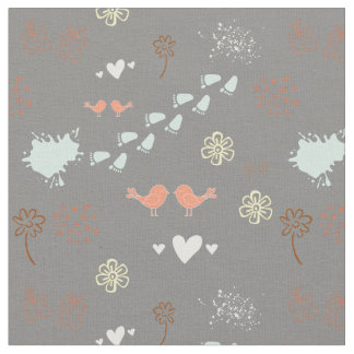 Retro gray colorful pattern of birds, dots, foots fabric