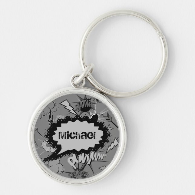 Retro Gray Comic Book Pattern Personalized Keychain (Front)