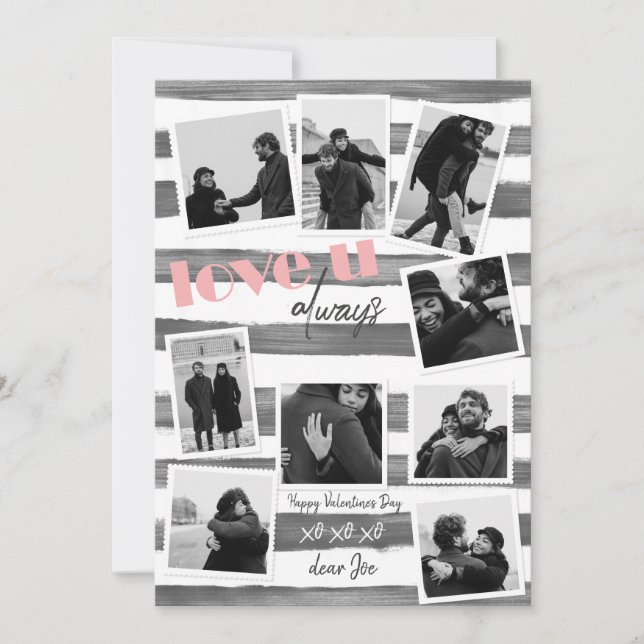 Retro gray custom 9 Couple Photos "love u always" Holiday Card (Front)