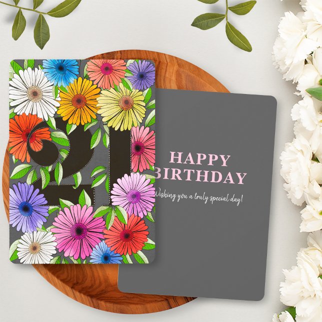 Retro Gray Floral Happy 21st Birthday Card (Creator Uploaded)