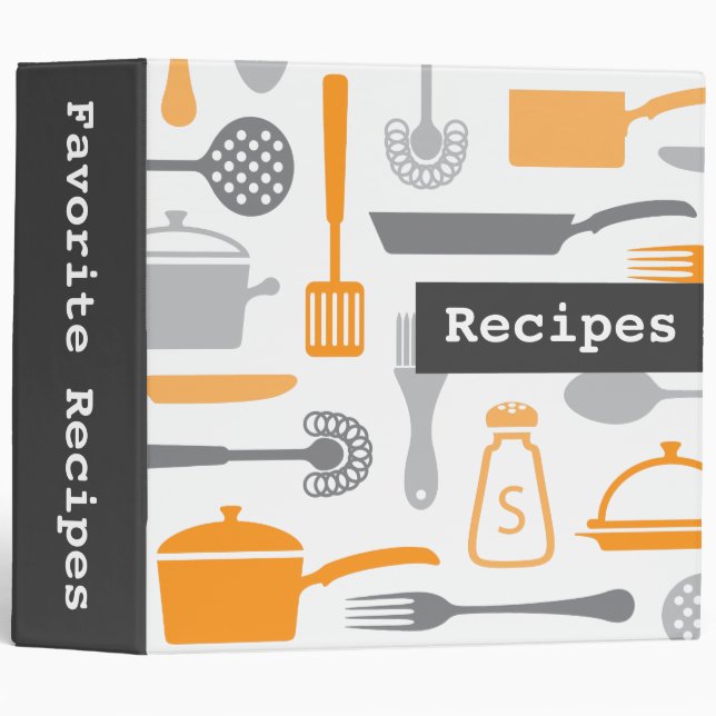 Retro gray orange kitchen recipe binder organizer (Front/Spine)