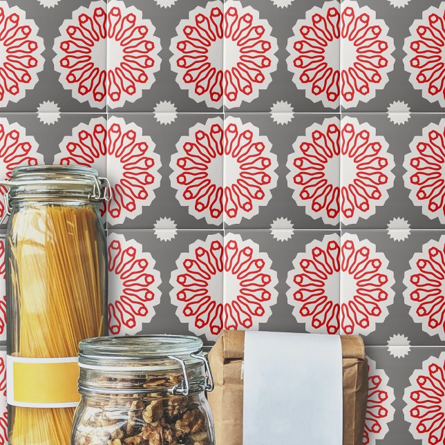 Retro Gray Red & White Ethnic Geometric Pattern Ceramic Tile (Creator Uploaded)