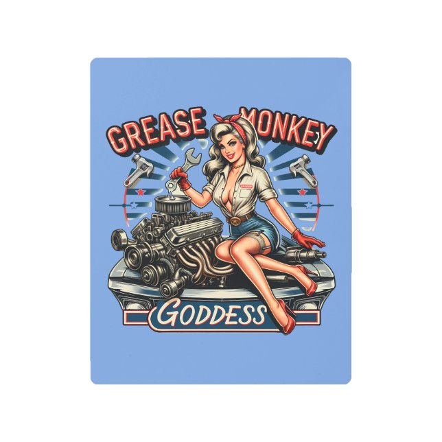 Retro Grease Monkey Goddess Pin-up Metal Print (Front)