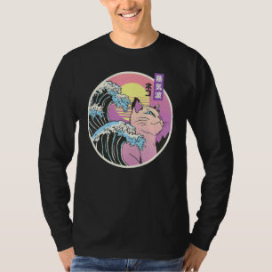 Retro Great Wave Japanese Vaporwave Cat 90's Aesth T-Shirt
