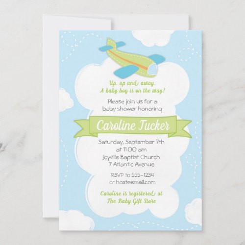 Retro Green Airplane Baby Shower Invitation
