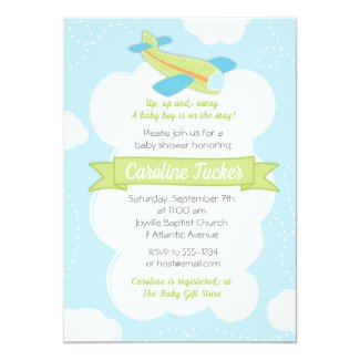 Retro Green Airplane Baby Shower Invitation