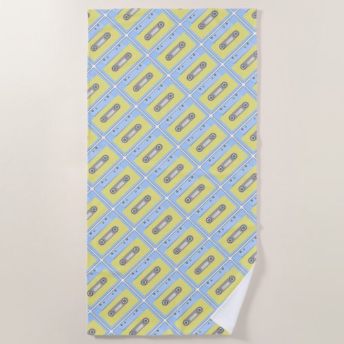 Retro Green and Blue Cassette Tape Pattern Beach Towel