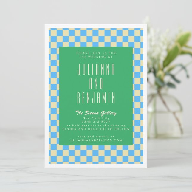 Retro Green and Blue Checkerboard Wedding Invitation (Standing Front)