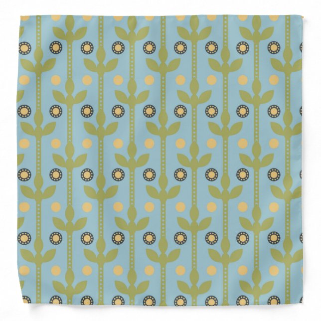 Retro Green and Blue Cute Folksy Floral Pattern Bandana (Front)