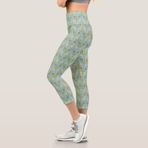 Retro Green and Blue Cute Folksy Floral Pattern Capri Leggings