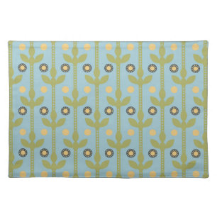 Retro Green and Blue Cute Folksy Floral Pattern Cloth Placemat