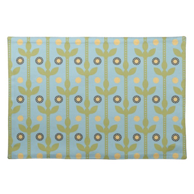 Retro Green and Blue Cute Folksy Floral Pattern Cloth Placemat (Front)