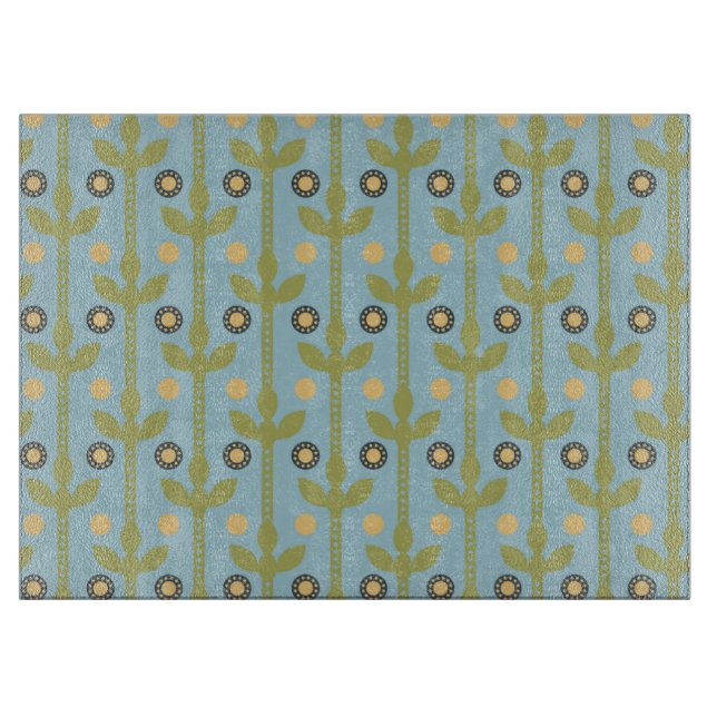 Retro Green and Blue Cute Folksy Floral Pattern Cutting Board (Front)