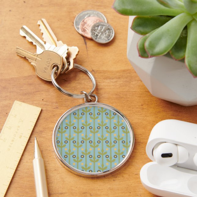 Retro Green and Blue Cute Folksy Floral Pattern Keychain (Desk)
