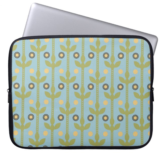 Retro Green and Blue Cute Folksy Floral Pattern Laptop Sleeve (Front)