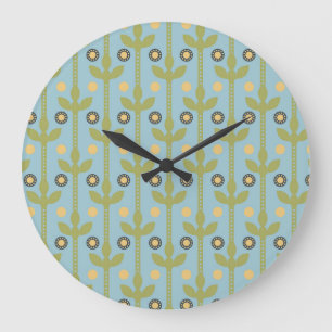 Retro Green and Blue Cute Folksy Floral Pattern Large Clock