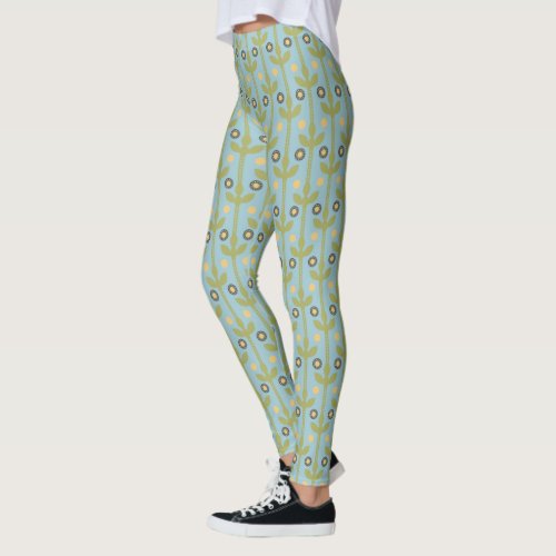 Retro Green and Blue Cute Folksy Floral Pattern Leggings