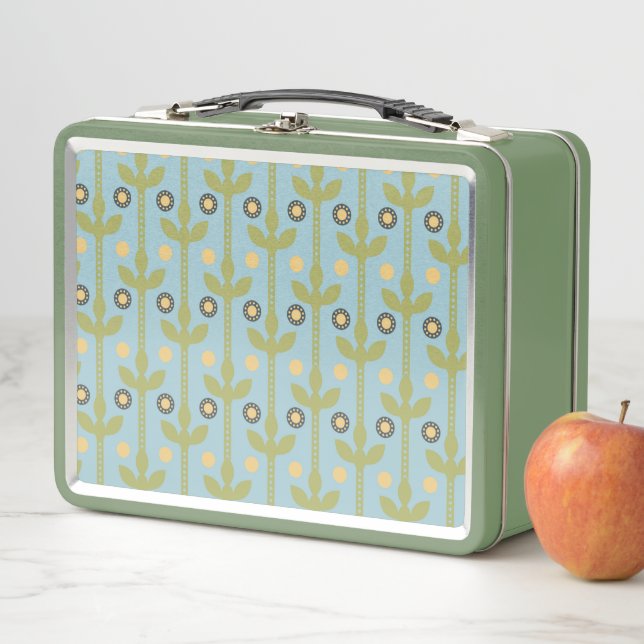 Retro Green and Blue Cute Folksy Floral Pattern Metal Lunch Box (In Situ)
