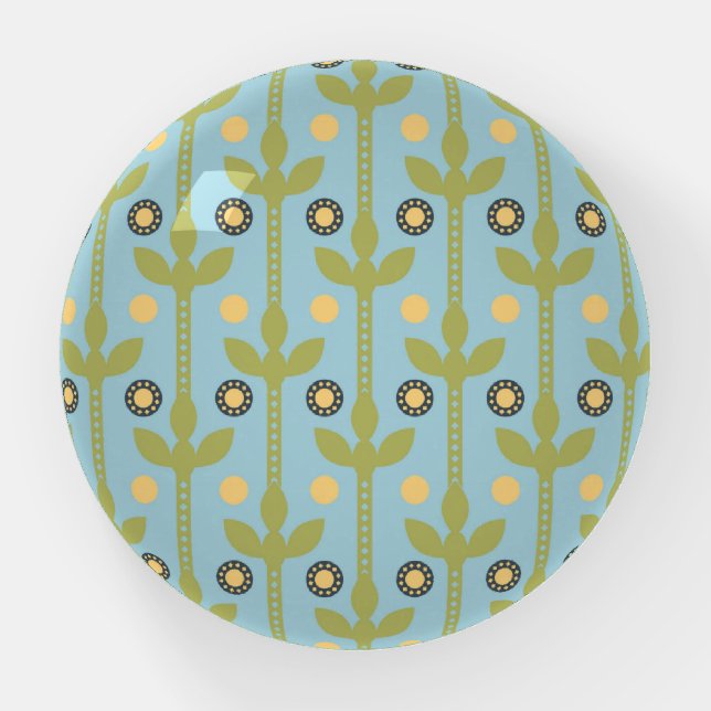 Retro Green and Blue Cute Folksy Floral Pattern Paperweight (Front)