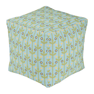 Retro Green and Blue Cute Folksy Floral Pattern Pouf