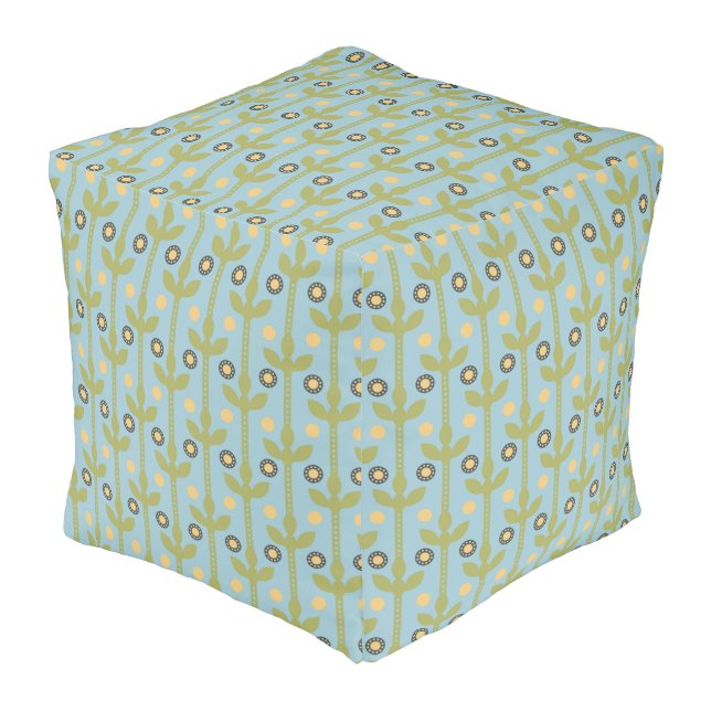 Retro Green and Blue Cute Folksy Floral Pattern Pouf (Angled Front)