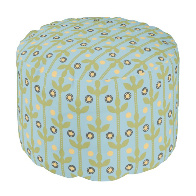 Retro Green and Blue Cute Folksy Floral Pattern Pouf (Angled Front)
