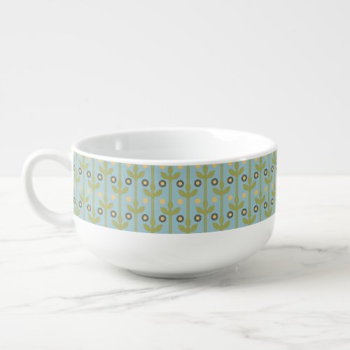 Retro Green and Blue Cute Folksy Floral Pattern Soup Mug