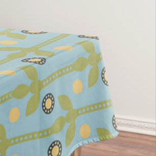 Retro Green and Blue Cute Folksy Floral Pattern Tablecloth