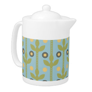 Retro Green and Blue Cute Folksy Floral Pattern Teapot