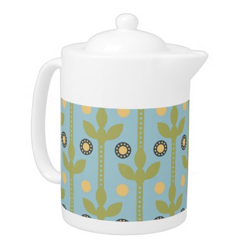 Retro Green and Blue Cute Folksy Floral Pattern Teapot