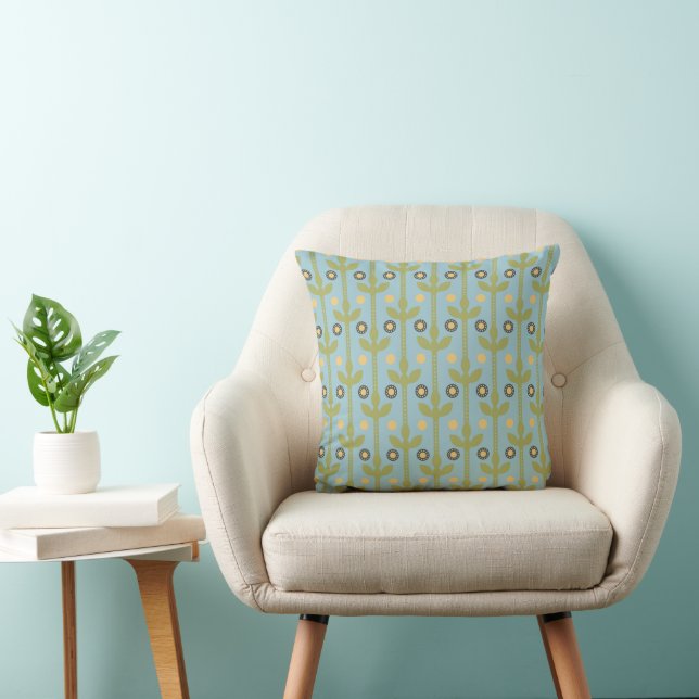 Retro Green and Blue Cute Folksy Floral Pattern Throw Pillow (Chair)