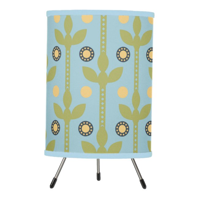 Retro Green and Blue Cute Folksy Floral Pattern Tripod Lamp (Front)