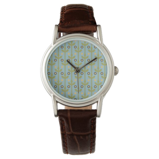 Retro Green and Blue Cute Folksy Floral Pattern Watch (Front)