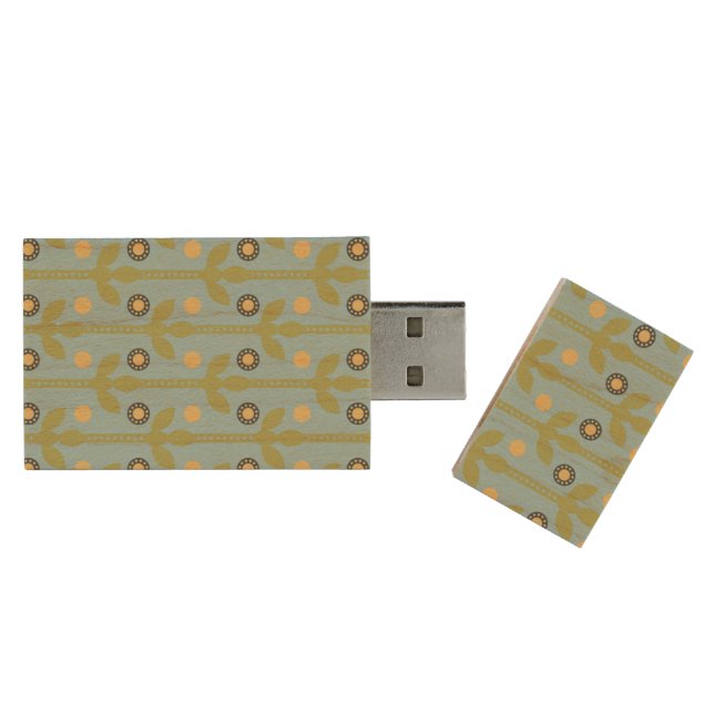 Retro Green and Blue Cute Folksy Floral Pattern Wood Flash Drive (Opened)
