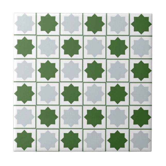Retro Green and Blue Islamic Geometric Pattern Ceramic Tile (Front)