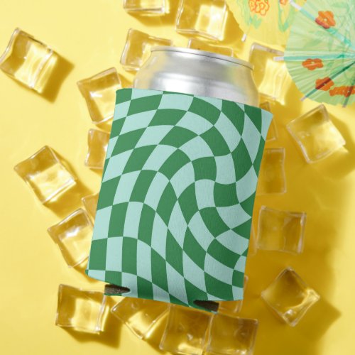 Retro Green And Blue Warped Checkered Checkerboard Can Cooler