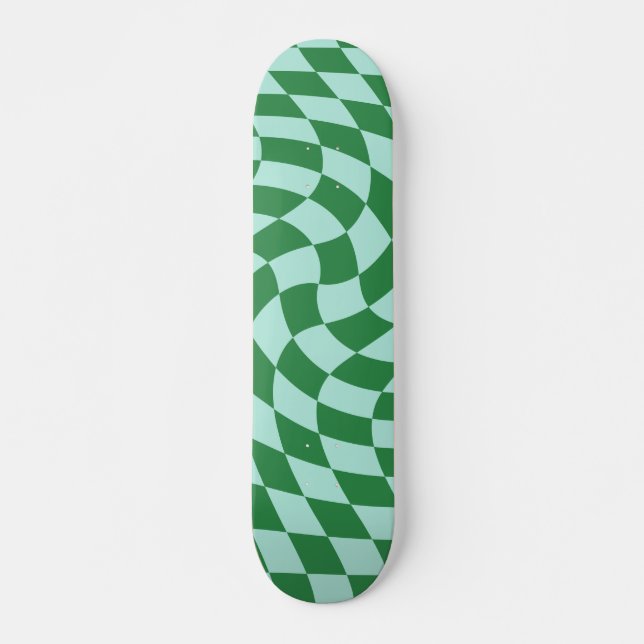 Retro Green And Blue Warped Checkered Checkerboard Skateboard (Front)
