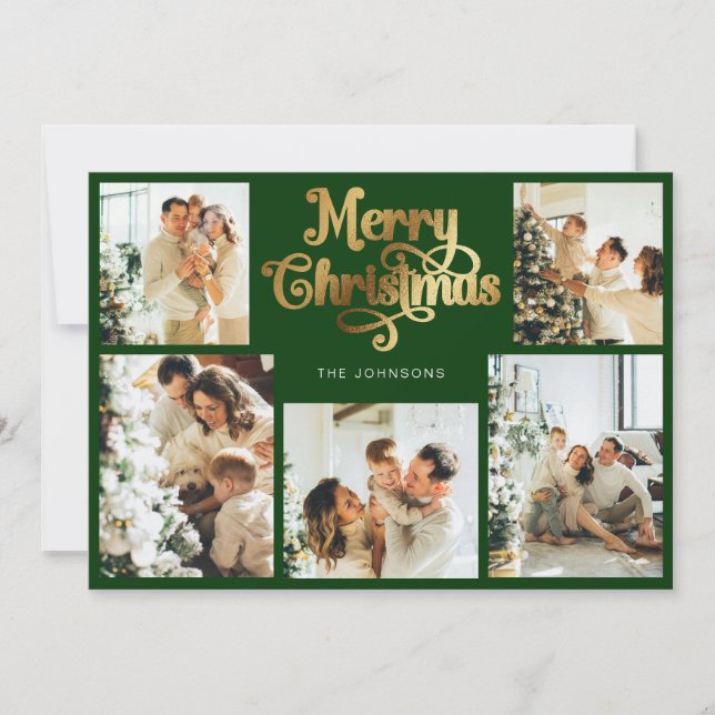 Retro Green and Gold Merry Christmas Family Photo Holiday Card (Front)