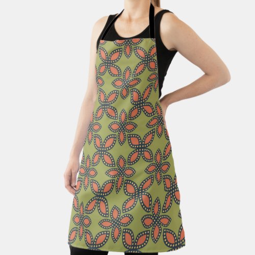 Retro Green and Orange Abstract Floral Pattern Apron