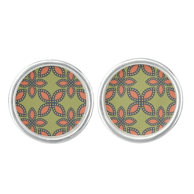 Retro Green and Orange Abstract Floral Pattern Cufflinks (Front)