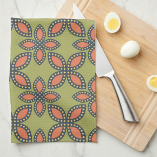 Retro Green and Orange Abstract Floral Pattern Kitchen Towel