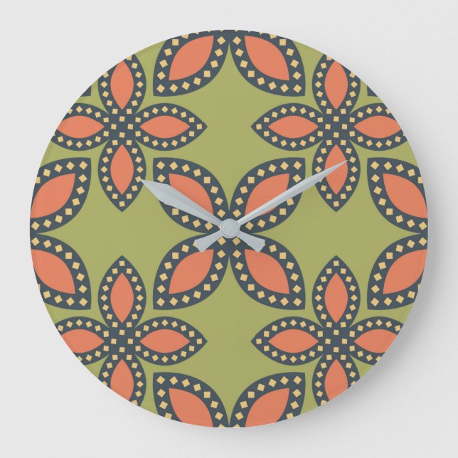 Retro Green and Orange Abstract Floral Pattern Large Clock (Front)