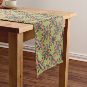 Retro Green and Orange Abstract Floral Pattern Long Table Runner