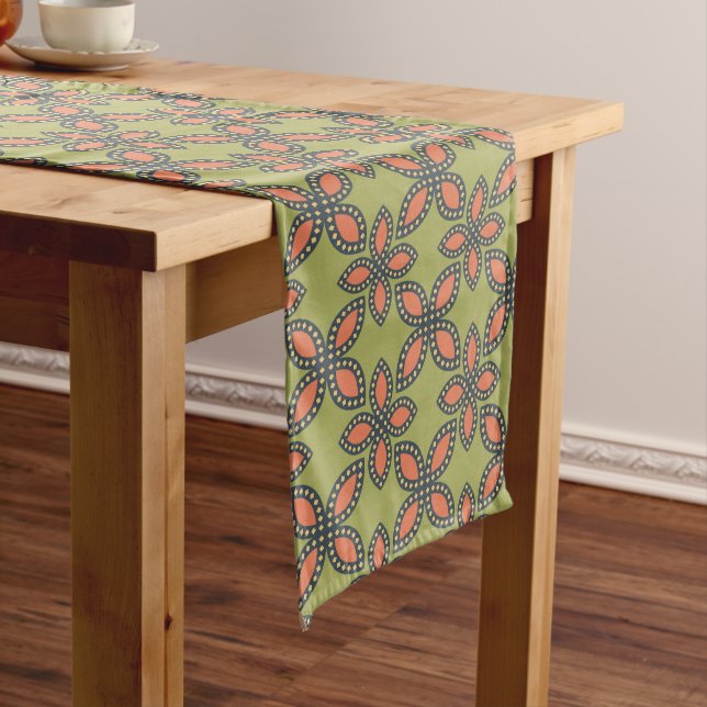 Retro Green and Orange Abstract Floral Pattern Long Table Runner (In Situ)