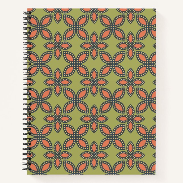 Retro Green and Orange Abstract Floral Pattern Notebook (Front)