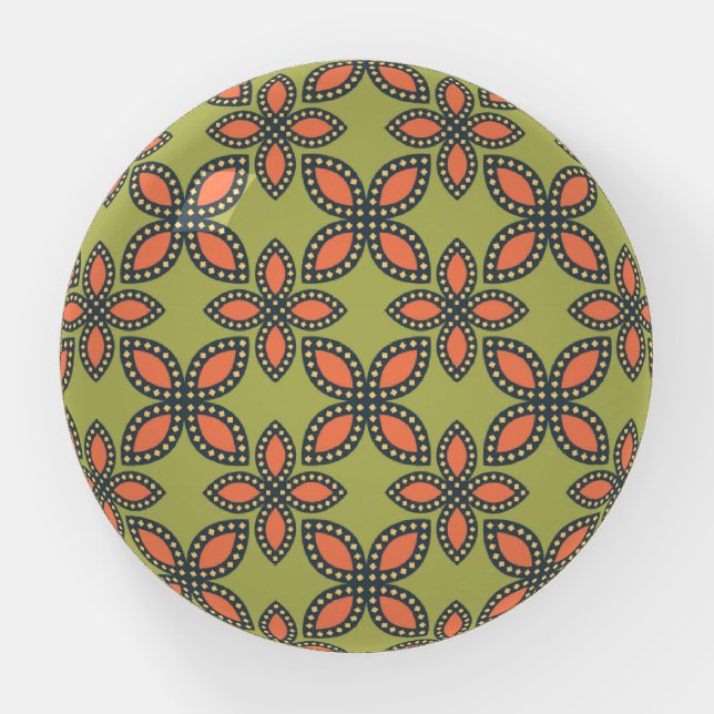 Retro Green and Orange Abstract Floral Pattern Paperweight (Front)