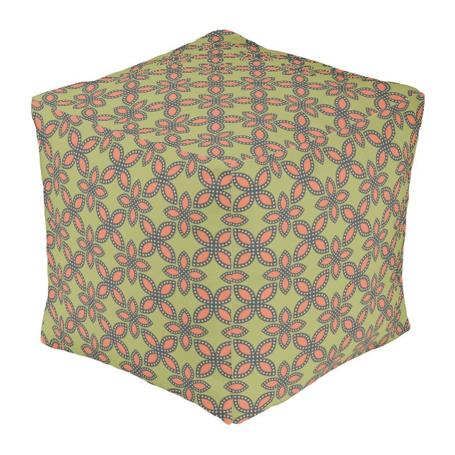 Retro Green and Orange Abstract Floral Pattern Pouf (Angled Front)